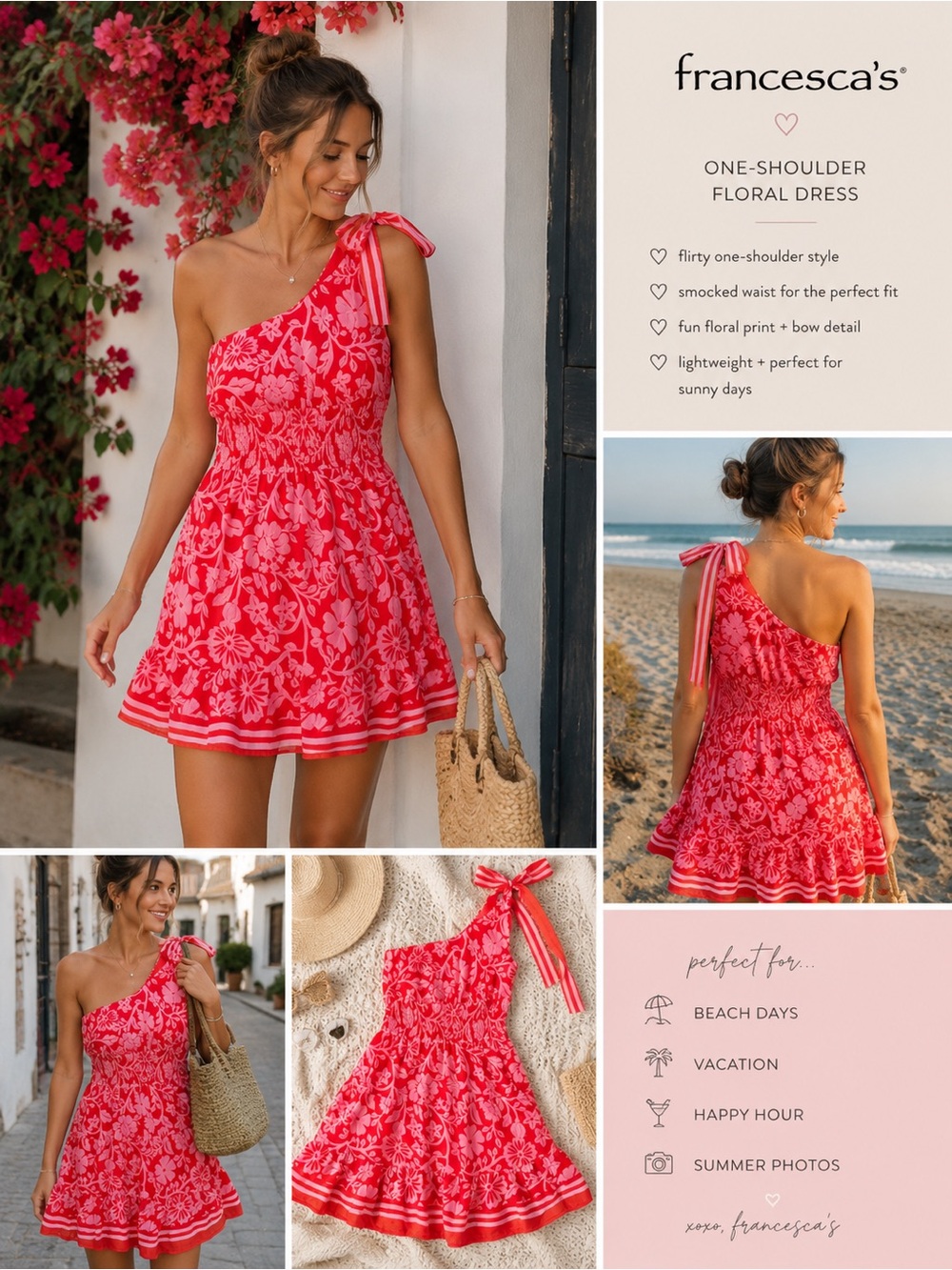 Francesca's Collections One-Shoulder Coral-Pink Floral Mini Dress